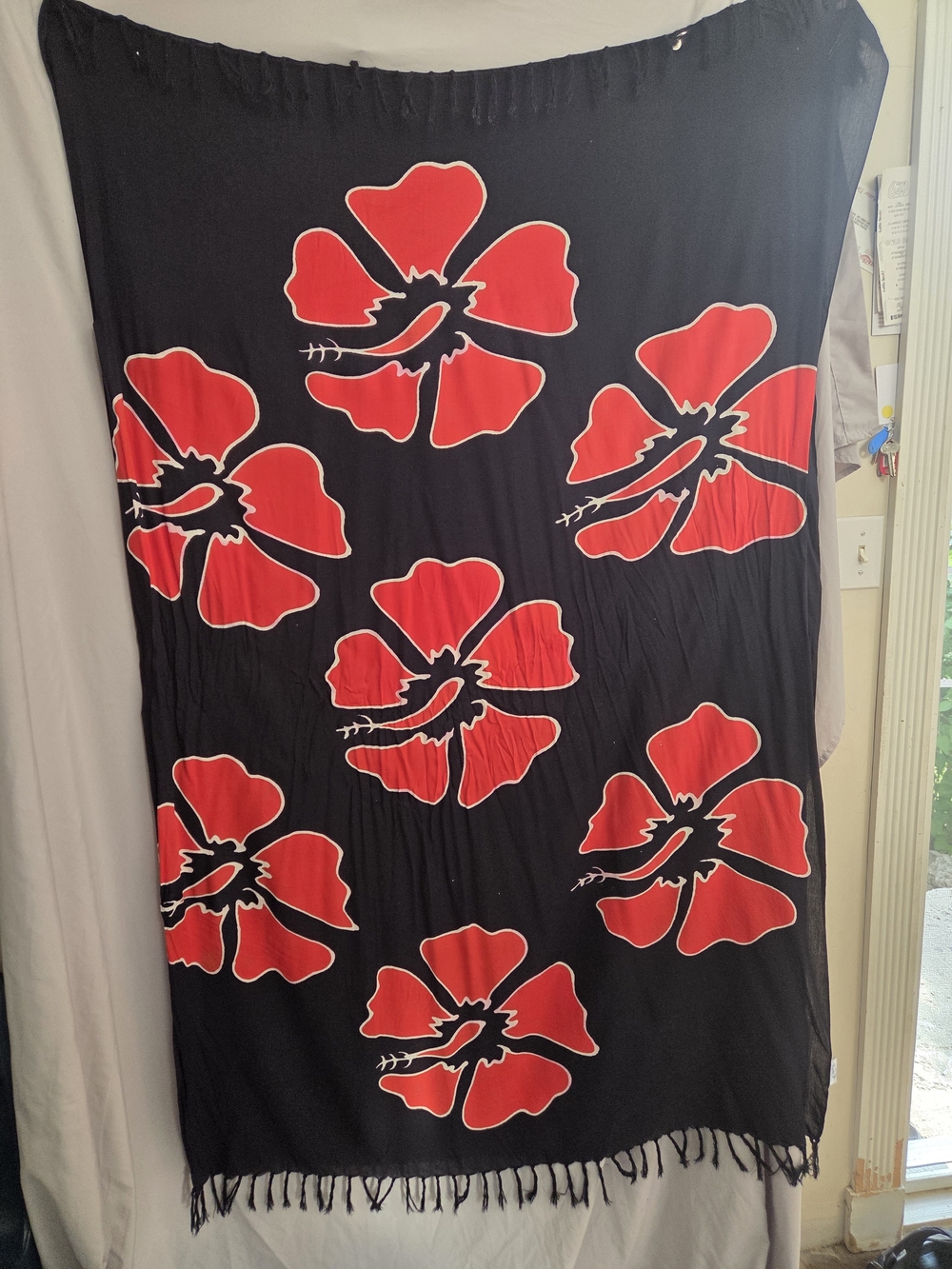 Black Swim Sarong with Red Hibiscus Print